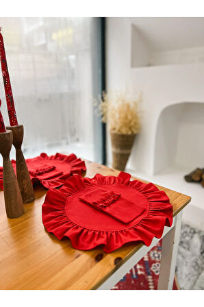 6Lı Dak Keten Fırfır Detaylı Yuvarlak Amerikan Servis/ Supla Kırmızı