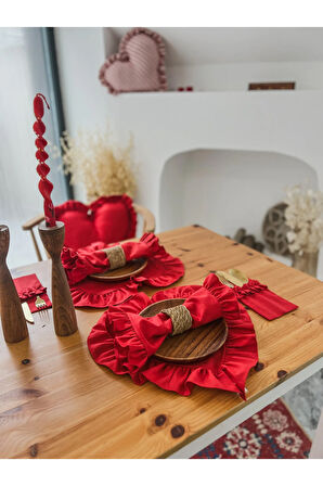 2Li Lovely Keten Kumaş Fırfırlı Kırmızı Peçete