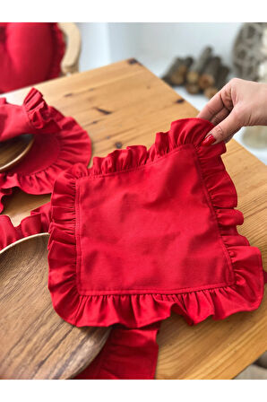 4lü Lovely Keten Kumaş Fırfırlı Kırmızı Peçete