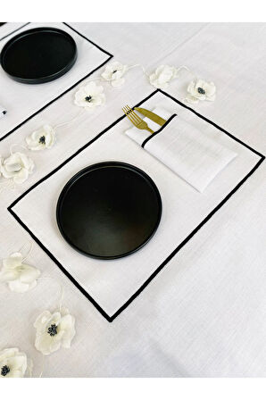 Shine Beyaz Keten Kumaş Siyah Biyeli Dikdörtgen Supla 2li