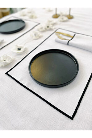 Shine Beyaz Keten Kumaş Siyah Biyeli Dikdörtgen Supla 2li