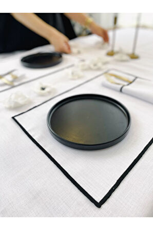 Shine Beyaz Keten Kumaş Siyah Biyeli Dikdörtgen Supla 6LI