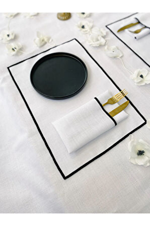 Shine Beyaz Keten Kumaş Siyah Biyeli Dikdörtgen Supla 6LI