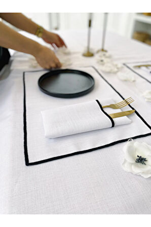 Shine Beyaz Keten Kumaş Siyah Biyeli Dikdörtgen Supla 6LI