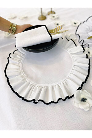 Shine Beyaz Keten Kumaş Siyah Biyeli Yuvarlak Supla 2li