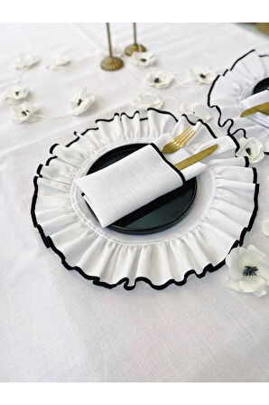 Shine Beyaz Keten Kumaş Siyah Biyeli Yuvarlak Supla 2li