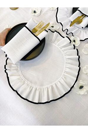 Shine Beyaz Keten Kumaş Siyah Biyeli Yuvarlak Supla 2li
