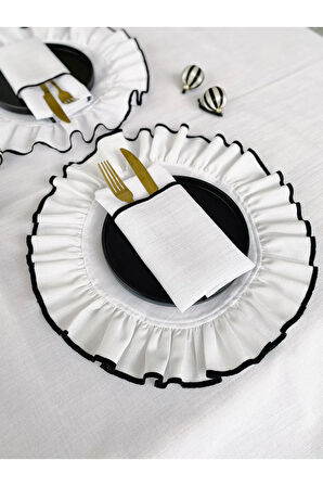 Shine Beyaz Keten Kumaş Siyah Biyeli Yuvarlak Supla 4LÜ