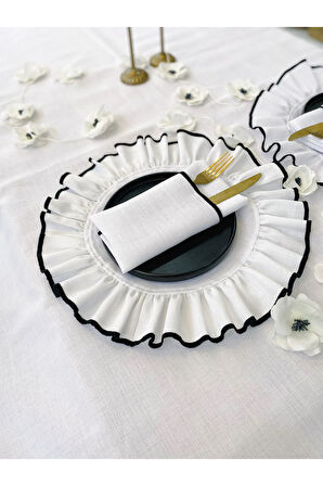 Shine Beyaz Keten Kumaş Siyah Biyeli Yuvarlak Supla 4LÜ