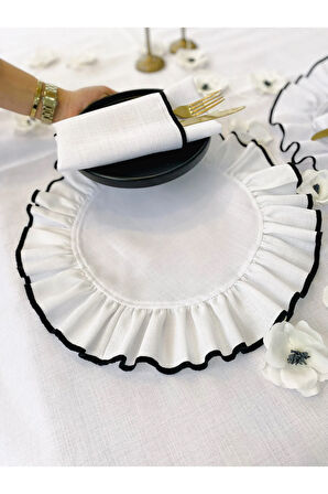 Shine Beyaz Keten Kumaş Siyah Biyeli Yuvarlak Supla 4LÜ