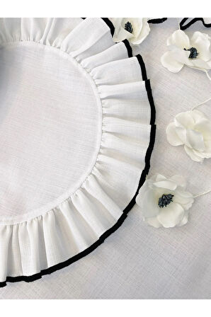 Shine Beyaz Keten Kumaş Siyah Biyeli Yuvarlak Supla 4LÜ