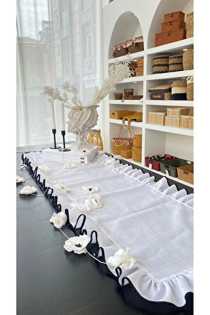 Shine White Keten Heryeri Fırfırlı Nakış Detaylı Dikdörtgen Runner 50CMX150CM