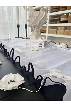 Shine White Keten Heryeri Fırfırlı Nakış Detaylı Dikdörtgen Runner 50CMX150CM