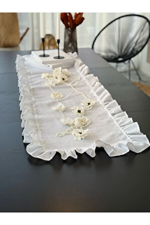 Shine White Keten Heryeri Fırfırlı Dikdörtgen Runner 40 X 120cm