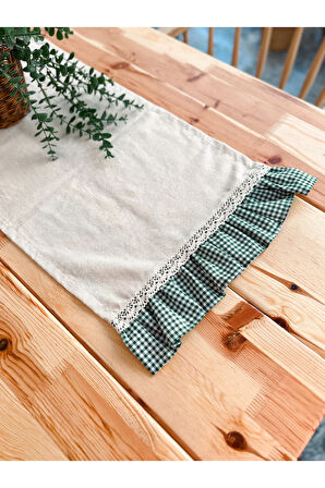 Ham Keten Fırfırlı Dantel Detaylı Dikdörtgen Runner 40x120cm