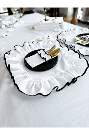 Shine White Heryeri Fırfırlı Dikdörtgen Amerikan Servis / Supla 4lü