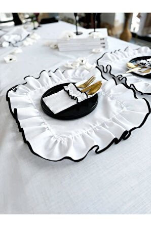 Shine White Heryeri Fırfırlı Dikdörtgen Amerikan Servis / Supla 6lı