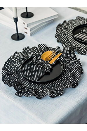 Doritta Puantiye Keten Fırfırlı Yuvarlak Supla / Amerikan Servis 2Li