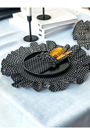 Doritta Puantiye Keten Fırfırlı Yuvarlak Supla / Amerikan Servis 2Li