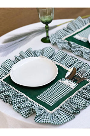 Cepli Ham Keten Kareli Fırfır Detaylı Amerikan Servis/ Supla 6adet