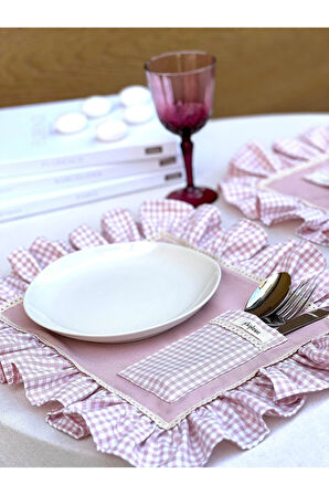 Rosy Cepli Ham Keten Kareli Fırfır Detaylı Amerikan Servis/ Supla 6 ADET