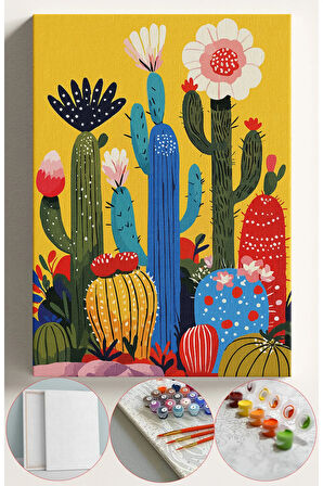 Sayılarla Boyama Seti Numaralı Tuval Fırça Boya 40x50 Cm - KAKTÜSLER