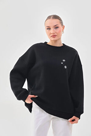 Kallima Oversize/rahat Kalıp Kar Tanesi Desenli Içi Polarlı Kalın Siyah Kadın Sweatshirt