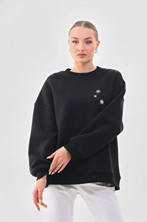 Kallima Oversize/rahat Kalıp Kar Tanesi Desenli Içi Polarlı Kalın Siyah Kadın Sweatshirt