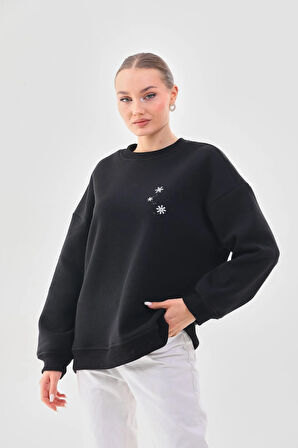 Kallima Oversize/rahat Kalıp Kar Tanesi Desenli Içi Polarlı Kalın Siyah Kadın Sweatshirt