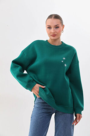 Kallima Oversize/rahat Kalıp Yılbaşı Kar Tanesi Desenli Içi Polarlı Kalın Yeşil Kadın Sweatshirt