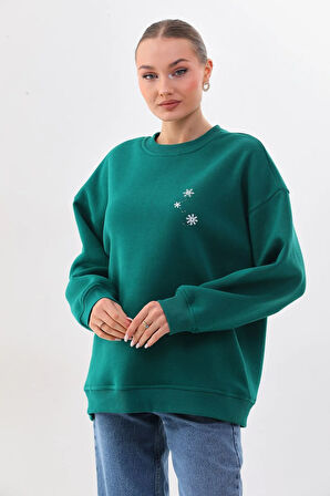 Kallima Oversize/rahat Kalıp Yılbaşı Kar Tanesi Desenli Içi Polarlı Kalın Yeşil Kadın Sweatshirt