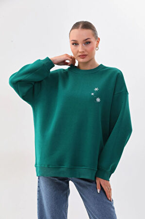 Kallima Oversize/rahat Kalıp Yılbaşı Kar Tanesi Desenli Içi Polarlı Kalın Yeşil Kadın Sweatshirt