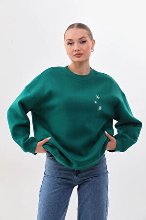 Kallima Oversize/rahat Kalıp Yılbaşı Kar Tanesi Desenli Içi Polarlı Kalın Yeşil Kadın Sweatshirt