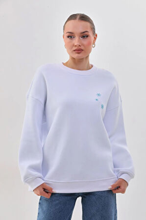 Kallima Oversize/rahat Kalıp Kar Tanesi Desenli Içi Polarlı Kalın Beyaz Kadın Sweatshirt