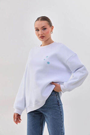 Kallima Oversize/rahat Kalıp Kar Tanesi Desenli Içi Polarlı Kalın Beyaz Kadın Sweatshirt