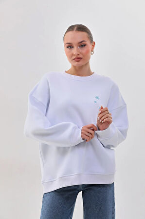 Kallima Oversize/rahat Kalıp Kar Tanesi Desenli Içi Polarlı Kalın Beyaz Kadın Sweatshirt