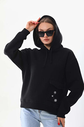 Kallima Siyah Kışlık Kalın Kar Tanesi Baskılı Cepli Kapüşonlu Oversize/geniş Kesim Sweatshirt