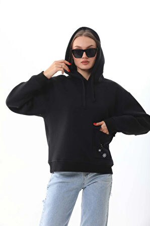 Kallima Siyah Kışlık Kalın Kar Tanesi Baskılı Cepli Kapüşonlu Oversize/geniş Kesim Sweatshirt