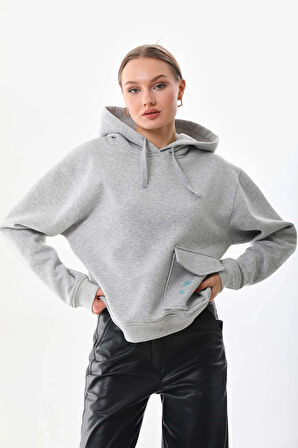 Kallima Gri Kışlık Kalın Kar Tanesi Baskılı Cepli Kapüşonlu Oversize/geniş Kesim Sweatshirt