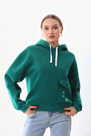 Kallima Yeşil Kışlık Kalın Kar Tanesi Baskılı Cepli Kapüşonlu Oversize/geniş Kesim Yılbaşı Sweatshirt