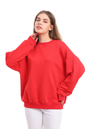 Kallima Kırmızı Dökümlü Rahat Kalıp %100 Pamuk 3 Iplik Minimal Nakışlı Yılbaşı Kadın Sweatshirt