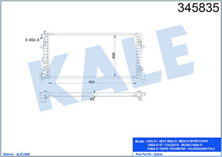 KALE Su Radyatörü Polo 1.2 Tsi-Tdi-1.6 Tdi 09 A1 1.2-1.4tfsi 10 Ibıza 08 Fabıa 10-14