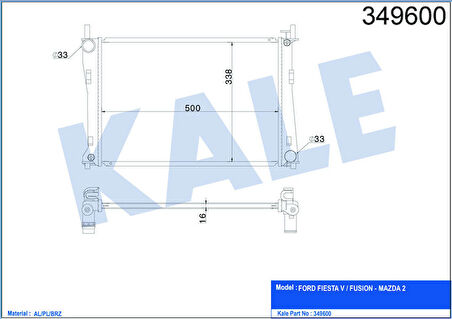 KALE Su Radyatörü Fiesta Fusıon 1.4-1.6 Benzinli 500x358x16 02-06 Al-Pl-Brz