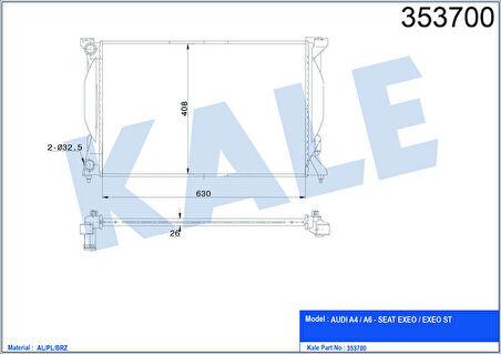 KALE Su Radyatörü Audi A4 00-04 08 A6 01-05 Exeo 08 Al/Pl/Brz 632x408x26