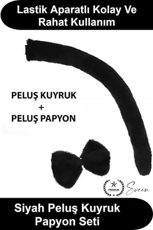#KuyrukPapyonSeti Siyah Peluş Kuyruk ve Papyon Seti Lastikli Kostüm Aksesuarı Parti Müsamere Tiyatro Gösterisi Doğum Günü Hayvan Konseptli Eğlence Etkinliği Çocuk Yetişkin Uyumlu 2'li Takım