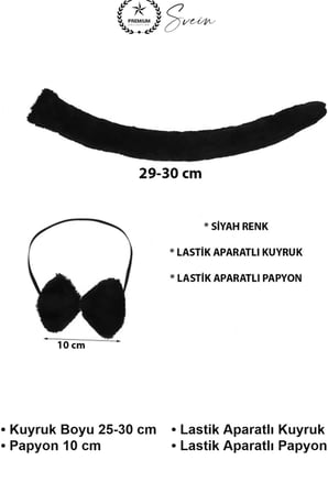 #KuyrukPapyonSeti Siyah Peluş Kuyruk ve Papyon Seti Lastikli Kostüm Aksesuarı Parti Müsamere Tiyatro Gösterisi Doğum Günü Hayvan Konseptli Eğlence Etkinliği Çocuk Yetişkin Uyumlu 2'li Takım