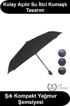 Orta Boy Yarı Otomatik Şemsiye Siyah Desenli Ergonomik Saplı Su İtici Kumaşlı Rüzgara Dayanıklı Metal İskeletli Katlanabilir Pratik Çanta Tipi Günlük Seyahat Yağmurluk Hediyelik Aksesuar