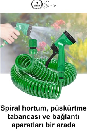 15 Metre Spiral Bahçe Hortumu Otomatik Toparlanan Esnek Hafif Dayanıklı Dolaşmayan Kıvrılmaz Bükülmez Çok Modlu Fonksiyonel Püskürtme Tabancalı Set Araç Yıkama Sulama Teras Zemin Temizlik Dış Mekan