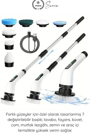 #Fırça Teleskopik Saplı Şarjlı Banyo Mutfak 7 in 1 Kablosuz Elektrikli Temizlik Fırçası Seti USB Şarjlı Döner Temizlik Fırçası Fayans Küvet Lavabo Araç Temizlik Cihazı