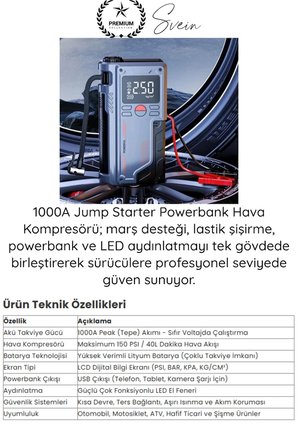 #Kompresör 1000A Jump Starter Powerbank Hava Kompresörü 4ü1 Arada Şarjlı Akü Takviye Cihazı 150 PSI Dijital Lastik Şişirme Boost Özellikli Acil Marş Starter LED Fener Powerbank Yol Yardım Seti